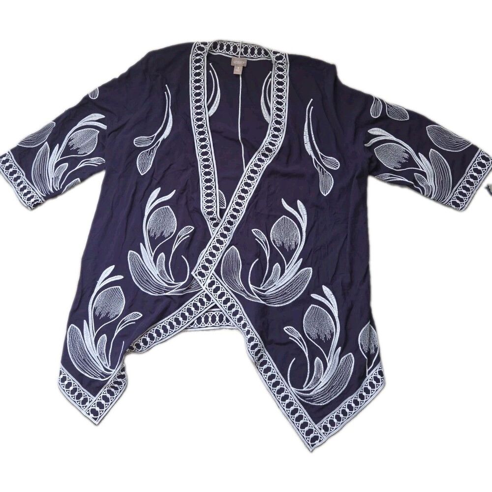 Chico’s Navy Blue White Embroidered Floral Open Front Kimono Cardigan Size 3 EUC